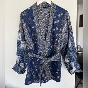 Lucky Brand | Blue/White Patchwork Quilted Tie-Front Kimono Sweater